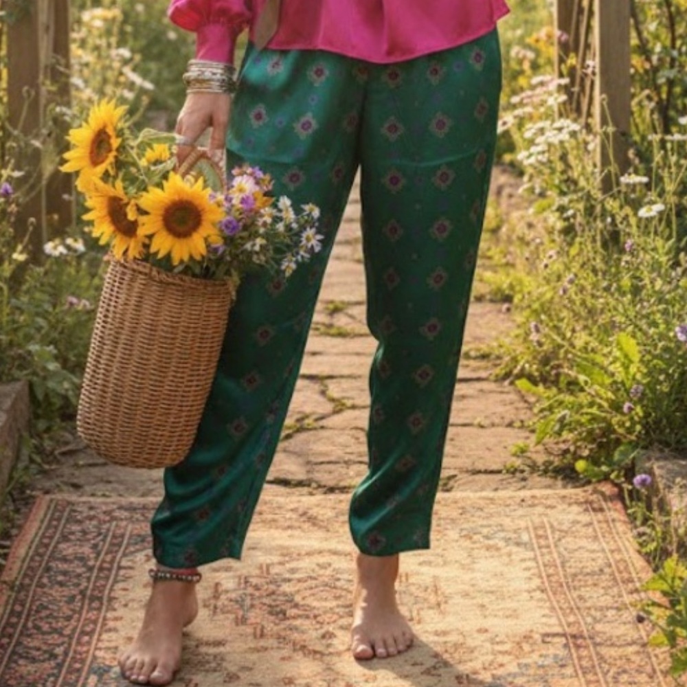 Body Drama Hunter Green Satin Straight Leg Pants EUC